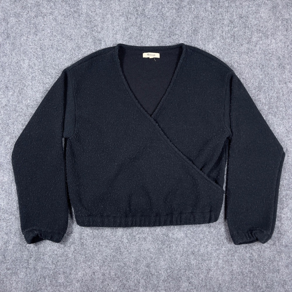 Madewell Wrap Sweater Women Size S Black Mock Boho Cropped V-Neck Long Sleeve